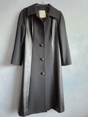 JEAN PATOU VINTAGE BLACK PANEL LEATHER, WOOL COAT, US 8, UN-WORN